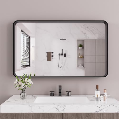 JISOSO 55x36 Inch Black Bathroom Mirror Metal Framed | Anti-Rust, Tempered Glass, Shatter Proof, Hangs Horizontally or Vertically - color: Black, size: 55"L x 36"W