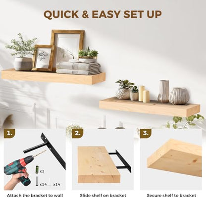 Solid Wood Floating Shelves, 24 Inch Wall Shelves, Set of 2, Wood | 8 Inch Deep, 1.6 Inch Thick, Extra-Wide Display Space, Mounting Hardware Included, For Kitchen, Bathroom and Living Room - color: Wood, size: 24x8x1.6