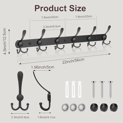 YUNISS Coat Rack Wall Mounted，6 Tri Stainless Steel Coat Hook for Coat Hat Robes Towel in Mudroom Entryway (Black, 2 Pack 6) - color: Black, size: 2 Pack 6