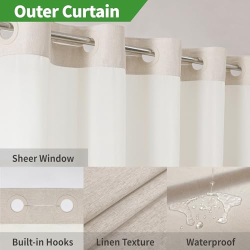 eachope Extra Long No Hooks Needed Linen Textured Shower Curtain with Snap-in Fabric Liner Set,Cream Hotel Luxury Decor Shower Curtains for Bathroom,Waterproof & Washable,71Wx86H | Extra Long,230GSM Thick Fabric,Hotel Luxury Decor,Mesh Top Window,Bottom M