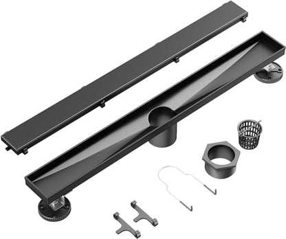 Neodrain 32" Matte Black Linear Shower Drain,2-in-1 Flat& Tile Insert Cover | 304 Stainless Steel,Fast Drainage, Durable,Rectangle Shower Floor Drain with Adjustable Feet,Hair Strainer,Fits Bathrooms - color: Matte Black, size: 32 In