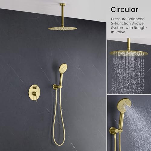 Circular Ceiling Mounted Shower System with 2-Function Faucet Set | Solid Brass Pressure Balanced Valve | Anti-Scald Design for Reliable Water Temperature Control (Brushed Gold Finish, KSF408) - color: Brushed Gold