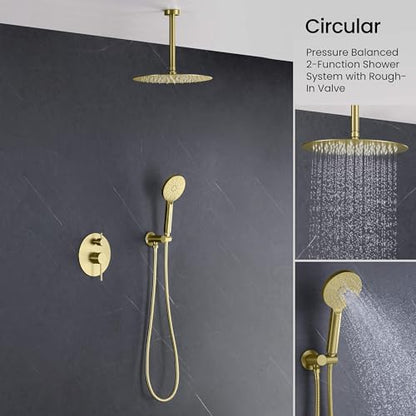 Circular Ceiling Mounted Shower System with 2-Function Faucet Set | Solid Brass Pressure Balanced Valve | Anti-Scald Design for Reliable Water Temperature Control (Brushed Gold Finish, KSF408) - color: Brushed Gold