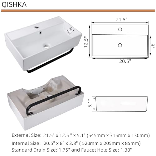 Wall Mount Rectangular Vessel Sink with Towel Rack, QISHKA 21.5"x12.5" Modern Ceramic Bathroom Floating Sink, White Rectangle Vanity Sink with Overflow, Wall Hung Wash Hand Basin - size: 21.5" x 12.5" x 5.1"