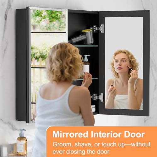30x30 Inch Medicine Cabinet with Beveled Mirror, Aluminum Medicine Cabinet | Double Side Mirror Door, Adjustable Shelves, Soft-close Hinge, Surface or Recessed Mount Bathroom Mirrors with Storage - size: 30 in. x 30 in.
