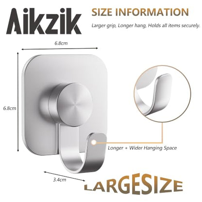 Aikzik 4 Pack Large Heavy Duty Wall Hooks - 26lb Max, Stainless Steel Adhesive Towel Hooks for Hanging Towel, Coat, Robe, Sticky Towel Holder for Wall Mount in Bathroom, Kitchen, Shower, Door - Silver - color: Silver