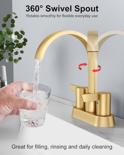 Gold Bathroom Faucet,4 Inch Centerset 2-Handle Waterfall | Includes Pop-Up Drain,24-Inch Supply Lines,Mounting Hardware,SUS304 Stainless Steel Construction,And A 360° Swivel Spout - color: Gold