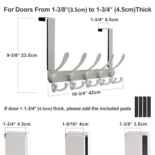 Over Door Hook 2.0 - Upgraded Version - Simple-Assembly, Strong, Heavy-Duty Stainless Steel 5-Tri-Hook Over The Door Hanger Rack, SimpleStrong Series, Silver, Pack of 2 - color: Silver