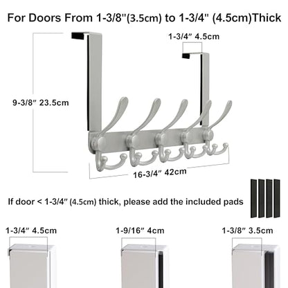 Over Door Hook 2.0 - Upgraded Version - Simple-Assembly, Strong, Heavy-Duty Stainless Steel 5-Tri-Hook Over The Door Hanger Rack, SimpleStrong Series, Silver, Pack of 2 - color: Silver
