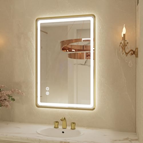 20"x 28" Gold Framed LED Mirrors for Bathroom, Wall Mounted Lighted Bathroom Vanity Mirror, Front and Backlight, Stepless Dimmable, 3 Colors, Anti-Fog, Memory, Smart Touch Button - color: Gold, size: 20"L x 28"W