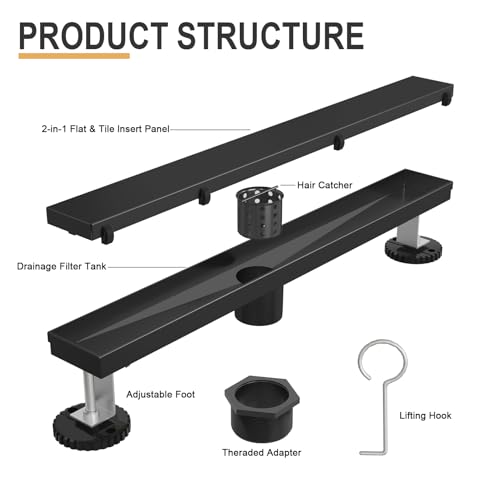 Linear Shower Drain - 28 Inch Matte Black, with Tile Insert Panels | AISI 304 Stainless Steel Shower Drain with Adjustable Feet, Hair Catcher, Rectangle Shower Floor Drain Fits Bathroom, Balcony - color: Matte Black, size: 28 Inch