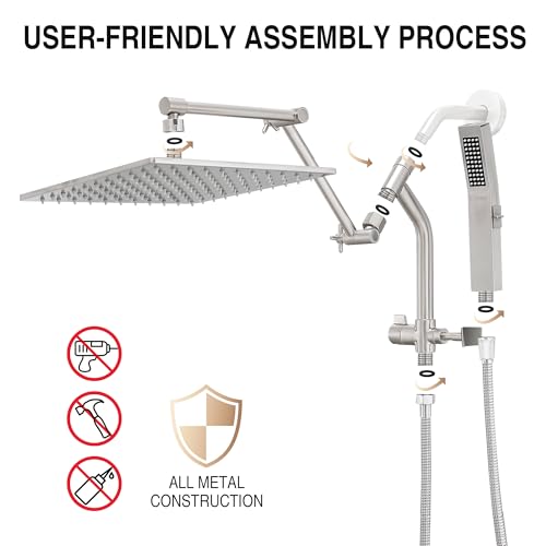 All Metal 10 Inch Rain Shower Head with Handheld Built-in Power Wash Mode, High Pressure Waterfall Rainfall Square Shower Heads with 16" Adjustable Extension Arm, Dual Showerhead(Brushed Nickel) - color: Brushed Nickel, size: 10 Inch