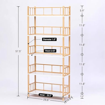 5-Tier Expandable Freestanding Open Bamboo Book Shelf - No-Tool Assembly & Modular,Bathroom Storage Shelf Unit Plant Stand for Small Space, Bedroom, Living Room, Home Office (White, 5-Tier WithRail) - color: White 5-tier-2