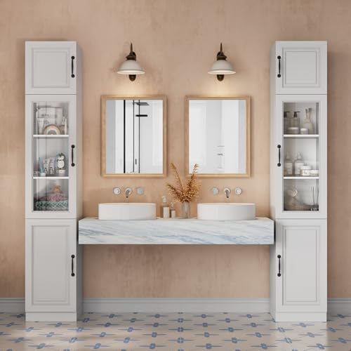 Sweet Memory 86 Inch Tall Bathroom Storage Cabinet, Thin Bathroom Organizer with 5 Tier Shelves and Glass Door, Freestanding Small Space Storage Cabinet for Bedroom, Laundry Room, Kitchen