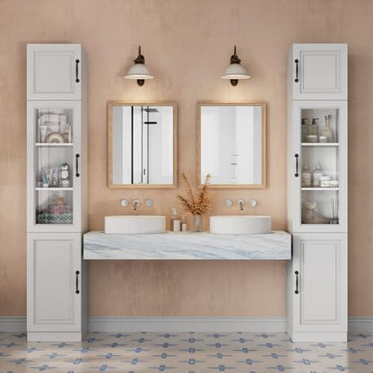 Sweet Memory 86 Inch Tall Bathroom Storage Cabinet, Thin Bathroom Organizer with 5 Tier Shelves and Glass Door, Freestanding Small Space Storage Cabinet for Bedroom, Laundry Room, Kitchen