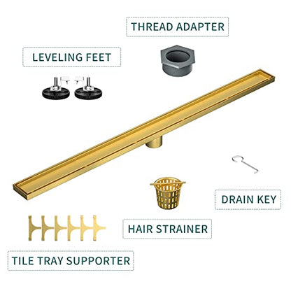 Linear Shower Drain, 304 Stainless Steel Floor Drain 42" | with Tiled Insert Grate & Hair Strainer, Bathroom 2-in-1 Tiled in Drain, CUPC Certified - color: Brushed Gold, size: 42''