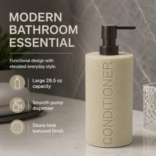 Resin Tan Sandstone Conditioner Engraved Bottle Refillable Pump Dispenser, Durable Waterproof Resin Construction for Bath, Shower - Tan Sandstone ORB Pump - color: Tan Sandstone Resin, Orb Pump - Conditioner