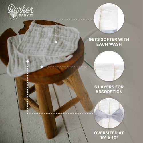 Parker Baby Co. 100% Cotton Muslin Baby Washcloths, 6-Pack White | Soft & absorbent wash cloths for newborn baths, face wiping and sensitive skin care