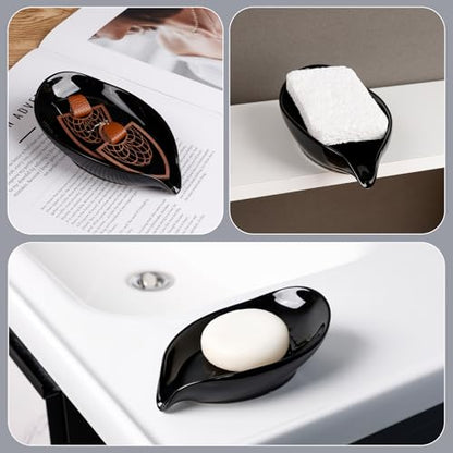 Soap Dish, Self Draining Soap Dishes 2PCS, Leaf Shape Ceramic Bar Soap Holder Drain Soap Dishes for Bathroom Sink Kitchen, Easy to Clean Keeps Soap Dry, Black, ANTIS'S HOME - color: Black-2pcs-enhanced Draining