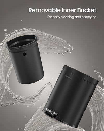 SONGMICS Bathroom Trash Can, 1.6 Gallon (6 L) Small Toilet Garbage Bin with Lid, Soft-Close, Stainless Steel, Pedal, Inner Bucket, Bedroom, Ink Black ULTB016BZ01 - color: Ink Black