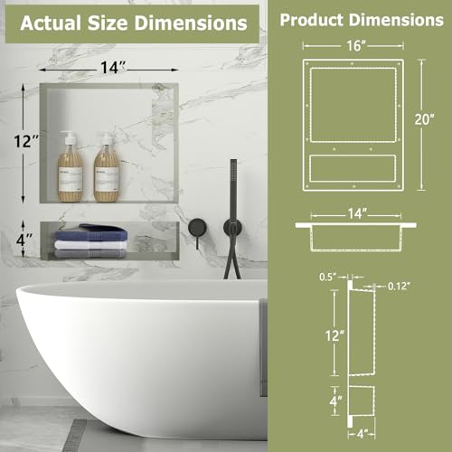 Suteck 16"x20" Shower Niche, Double Shelf Tile-Ready Waterproof Storage Box | 2 Shelves: 14"x12" & 14"x4" | 100% Waterproof ABS | Flush Mount, Vertical/Horizontal | Multi-Scene For Bathroom, Kitchen - size: 16"x20"
