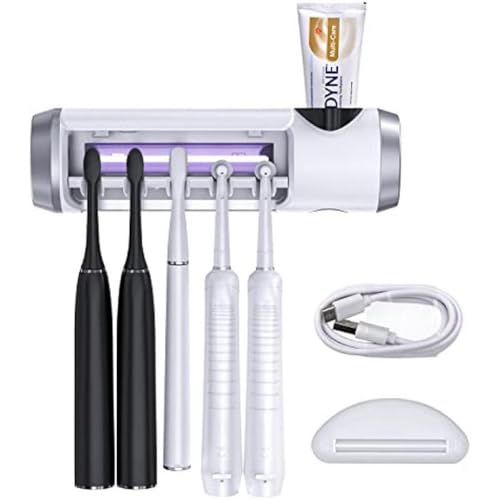 Toothbrush Holder Cleaner with Fan Drying Function, 5 Slots, 6-Minute Timer | Rechargeable Wall-Mounted Holder; Fits Sonic And Manual Toothbrushes