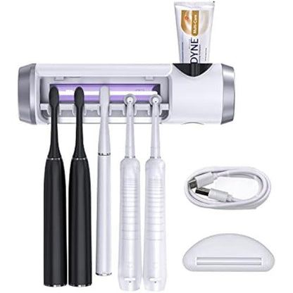 Toothbrush Holder Cleaner with Fan Drying Function, 5 Slots, 6-Minute Timer | Rechargeable Wall-Mounted Holder; Fits Sonic And Manual Toothbrushes