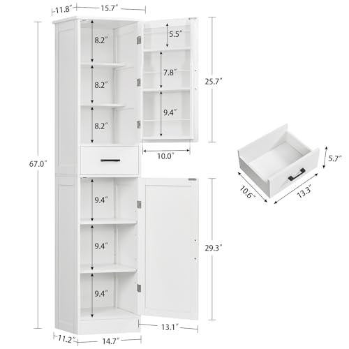 Tall Storage Cabinet with 3 Door Shelves & 1 Drawer, Narrow Kitchen Pantry Cabinet for Living Room, Bathroom, Entryway, White - color: White