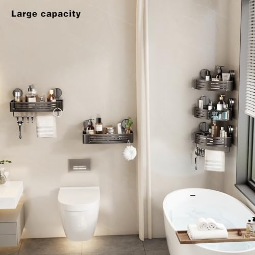 Corner Shower Caddy Suction Cup Shower Shelf Corner No Drilling Bathroom Shower Organizer Storage Rack Adhesive with Towel Bar Hooks(2-Pack, Gray)