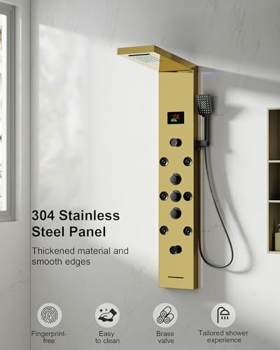 Homevacious Polished Gold 5 In 1 Shower Panel Tower System Stainless Steel | LED Rain Waterfall Shower Head and Adjustable Massage Body Jets 3 Settings Handheld Head and Tub Spout Bathroom Panel - color: Polished Gold