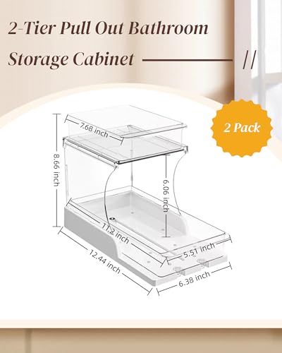 2 Pack Pull-Out Makeup Organizer 2 Tier Under-Sink Rack | Acrylic Countertop Organizer & 180° Swivel Drawer, Waterproof Sliding Storage for Bathroom Vanity, Kitchen Cabinet, Pantry