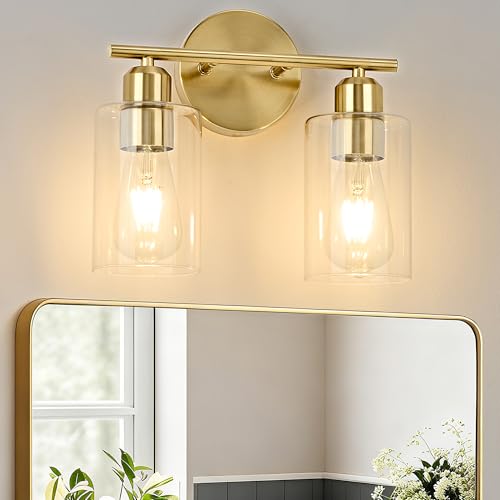 2-Light Bathroom Light Fixtures, Gold Bathroom Vanity Lights, Bathroom Lighting Fixtures Over Mirror with Clear Glass Shade, Wall Sconce Light for Bedroom, Living Room and Hallway - color: Gold, size: 2 Light - 1 pack