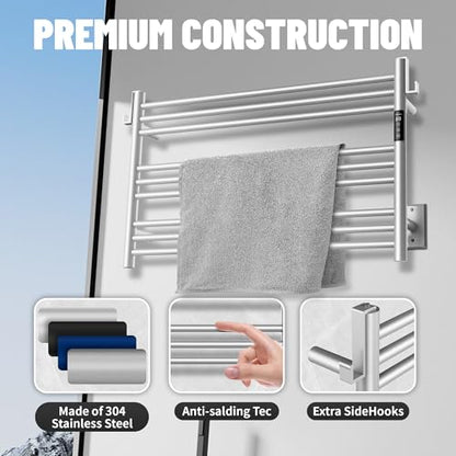 K&KALONZO Wall-Mounted 9-Bar Heated Towel Rack, Fast Heat in 2 Min, NTC Safety | 4 Timers & 3 Heat Levels Control, Plug-In/Hardwired, Top Hooks, Memory Function, Anti-Scald, Stainless Steel, EL13ML - color: Brushed, size: H 19.7 x W 31.5