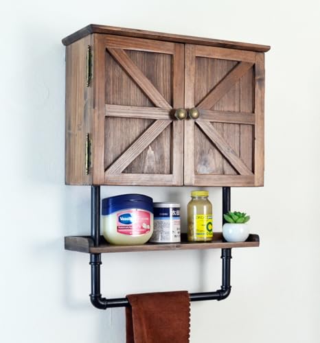 23.1x16.9'' Bathroom Wall Cabinet with Adjustable wall Shelf and Towel Bar, Double Doors Medicine Cabinet Wall Mounted with Hanging Bar, Light Solid Wood Storage Kitchen (Brown) - color: Brown