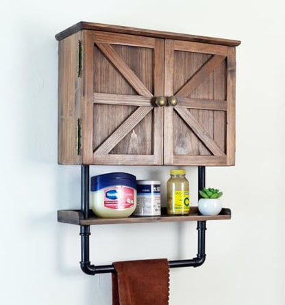 23.1x16.9'' Bathroom Wall Cabinet with Adjustable wall Shelf and Towel Bar, Double Doors Medicine Cabinet Wall Mounted with Hanging Bar, Light Solid Wood Storage Kitchen (Brown) - color: Brown