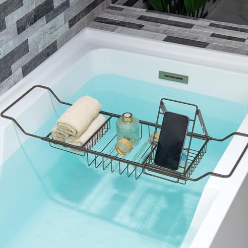 WOODBRIDGE Stainless Steel Extendable Bathtub Caddy Tray in Matte Black Finish with Removable Wine Holder, Book and Phone Rack, Bathcad-MB - color: Matte Black