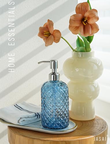 JASAI 18Oz Gem Patterned Glass Soap Dispenser for Kitchen and Bathroom | Refillable Hand soap Dispenser with Rust Proof Stainless Steel Pump, Clear Soap Dispenser Bathroom for Dish Soap, Hand Soap. - color: Navy Blue