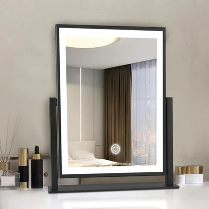 Beelux Vanity Mirror with Lights,15.3" Makeup Mirror with Light Smart Touch Control Dimmable 3 Modes Lighted LED Mirror 360°Rotation Black for Christmas Birthday Thanksgiving Mother's Day - size: 15.3"L x 12.6"W