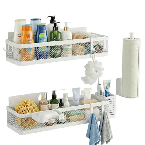 PUSDON 5-in-1 16.5" Extra Long Slim Wall Mount Wrapped Mesh Kitchen Organizer & Shower Caddy Kit, with Paper Towel Holder, Utensil Holder, Soap Dish, Holds 50LBS - White, Netting - color: White, size: 5-in-1 Full Mesh (16.5" Extra Long)