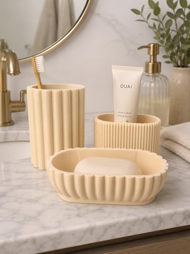 Ribbed Bathroom Countertop Organizer Set, Soap Dish, Tumbler Cup, and Vanity Tray, Modern Minimalist Style - color: Black, Cream, Terracotta