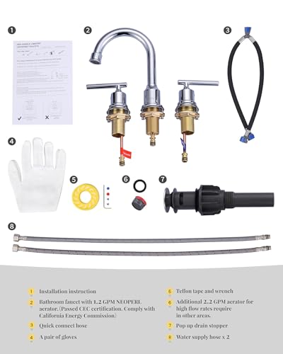 WOWOW Chrome Bathroom Faucet Widespread Bathroom Sink Faucet 3 Hole Vanity Faucet 8 Inch Brass Basin Faucet 2 Handle Tall Bathroom Tap with Drain and Hoses - color: Chrome, size: Widespread