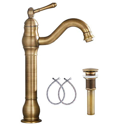 360° Swivel Antique Brass Bathroom Vessel Sink Faucet Single Handle One Hole Matching with Pop Up Drain - color: Antique Brass, size: Vessel