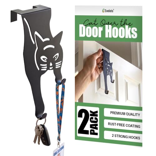 Evelots Cat Over The Door Hooks for Hanging-Set of 2 Black-Over The Door Organizer-Strong Metal Hooks - size: 2 Pack, style: Scratching Cat Design