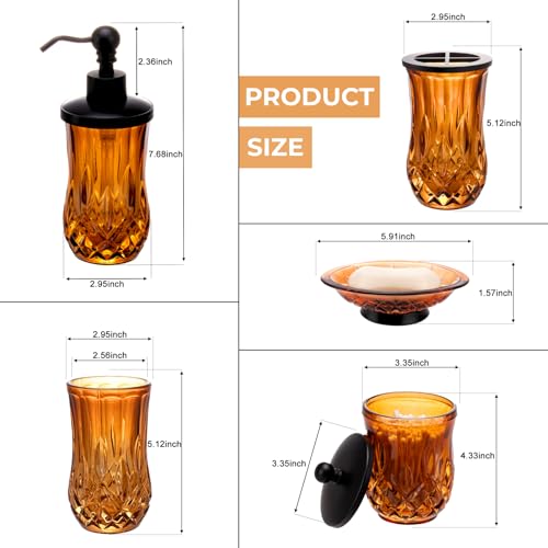 Amber Bathroom Accessories, Round Thick Glass & Zinc Alloy Pump | Beautiful & weight, 5 pcs soap dispenser, toothbrush holder, soap dish, tumbler & jar, for mission/amish style - style: Round(Amber)
