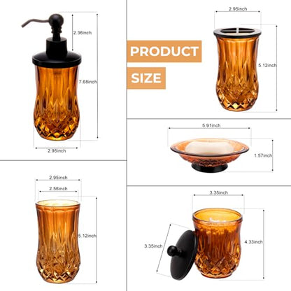 Amber Bathroom Accessories, Round Thick Glass & Zinc Alloy Pump | Beautiful & weight, 5 pcs soap dispenser, toothbrush holder, soap dish, tumbler & jar, for mission/amish style - style: Round(Amber)