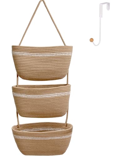 Over the Door Hanging Basket for Organizing 3 Tiers Woven Cotton Rope Wall Mount Storage basket Decorative Kitchen Hanging Organizer Bathroom include 1door hook Flaxen - color: Flaxen