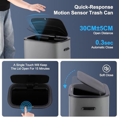 14.5 Gal/55L Trash Can with Lid, Automatic Touchless Garbage Can with Soft-Close Lid & Handle, Stainless Steel Waste Basket Motion Sensor Trash Can for Kitchen, Bathroom,Grey(No Inner Bucket) - color: Grey