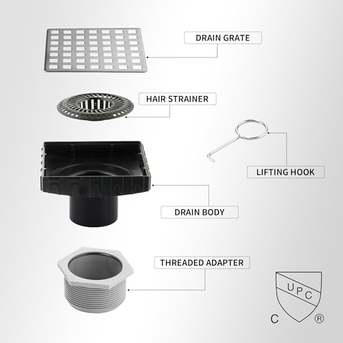 4 Inch Square Shower Drain, 304 Stainless Steel Cover Panel with ABS Frame, Removable Quadrato Pattern Grate with Hair Catcher, CUPC Certified, Brushed Nickel