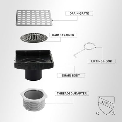 4 Inch Square Shower Drain, 304 Stainless Steel Cover Panel with ABS Frame, Removable Quadrato Pattern Grate with Hair Catcher, CUPC Certified, Brushed Nickel