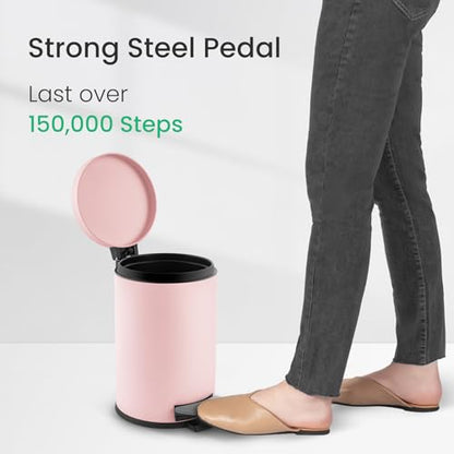 Cesun Small Round Bathroom Trash Can with Lid Soft Close, 1.2 Gal, Pink | Removable Inner Bucket, Stainless Steel Garbage Can for Bedroom/Office, Hands-Free Step Pedal, Fingerprint-Resistant - color: Pink